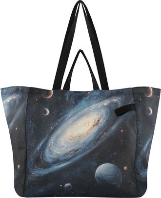 Generic Galaxy Blue Planet print Reusable Canvas Tote Bag, Heavy Duty Grocery Shopping Bag with Large Capacity Double Handles Hard Bottom Work Groceries Trave