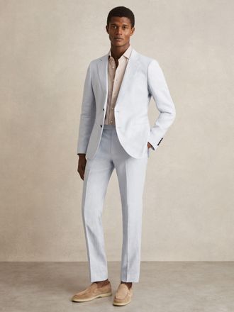Reiss Soft Blue Linen Slim-fit Suit Trousers, 32