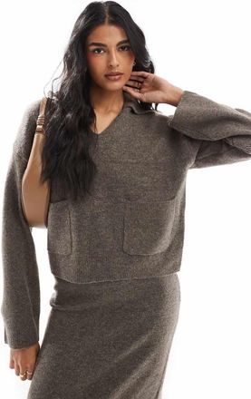 Pieces open polo neck sweater in deep taupe - part of a set-Neutral