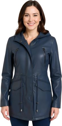 Infinity Leather Womens Blue Hooded Parka Jacket-Cairns Lamb Leather - Size 24 UK