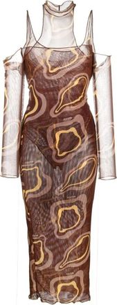 Julfer Abstract Print Halternek Midi Jurk - Dames - Casual kleedjes - Bruin - XS - Kleedjes