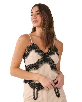 NASTY GAL Pinstripe Lace Trim Tailored Strappy Top in Ecru at Nordstrom, Size X-Large