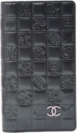 Chanel Silver Black Gunmetal Leather Long Wallet (Bi-Fold) (Pre-Owned)