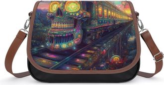 Generic Skull Vintage Steam Train Womens Leather Crossbody Bags with Adjustable Strap Casual Printed Shoulder Handbag