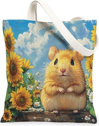 Generic Spring Hamster Canvas Tote Bag for Shopping 13x15, Sunflower Fence Animal Reusable Grocery Print Bag for Women, Fun Farmhouse Scenic Beach Aesthetic P