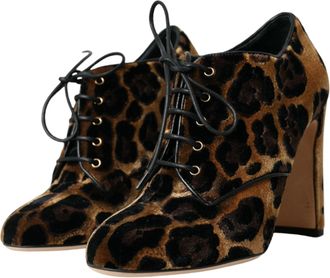 Dolce & Gabbana Womens Brown Leopard Hair Lace Up Booties Shoes Viscose Leather