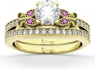 Allurez Butterfly Diamond & Pink Sapphire Bridal Set 14k Yellow Gold (0.42ct)