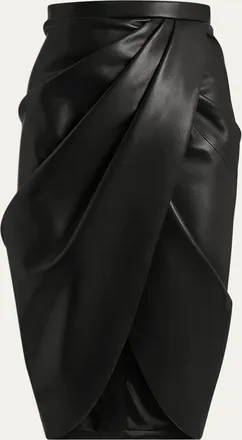 Balmain High-Waist Draped Lambskin Midi Skirt