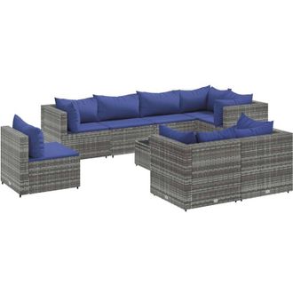 vidaXL Set De Muebles De Jard&iacute;n 9 Pzas Y Cojines Rat&aacute;n Sint&eacute;tico Gris Vidaxl