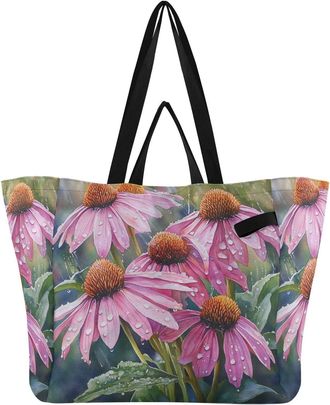 Generic Pink Flower Leaf print Reusable Canvas Tote Bag, Heavy Duty Grocery Shopping Bag with Large Capacity Double Handles Hard Bottom Work Groceries Travel