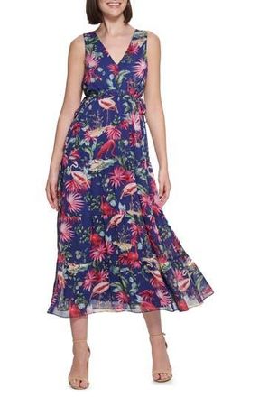 Kensie Flamingo Print Sleeveless Chiffon Maxi Dress in Navy Multi at Nordstrom Rack, Size 12