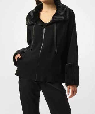 Joseph Ribkoff Sweater Knit Fur Trim Long Sleeve Jacket In Black