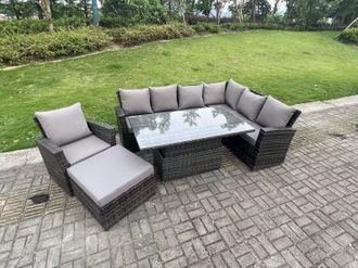 Fimous 8 Seater Outdoor High Back Rattan Adjustable Rising Lifting Dining Table Set Garden Furniture Set Right Hand in Dark Grey