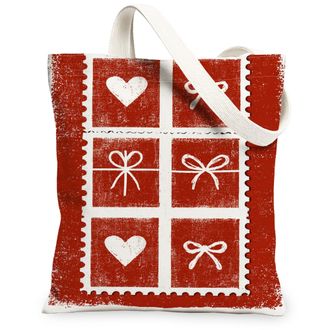 Generic Holiday Hearts Canvas Tote Bag, Festive Gift Pattern Reusable Grocery Bags, Winter Rustic Lightweight Washable Shoulder Str, Red, 13x15 Inch