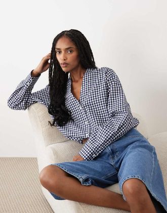 Arket Blusa con fondo a palloncino in seersucker blu scuro a quadretti-Nero