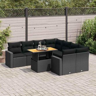 vidaXL Set De Sof&aacute;s De Jard&iacute;n Con Cojines 9 Pzas Rat&aacute;n Sint&eacute;tico Negro Vidaxl