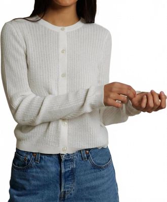 perfectwhitetee Ada Pointelle Button Down Long Sleeve Sweater In White