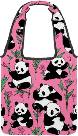 Generic Cute Panda on Pink Reversible Canvas Shoulder Tote - Double-Sided Print, 12oz Cotton, 27cm Drop, Fold-Flat Bag for Travel, Shopping, Street Outings