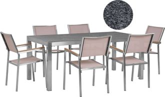 Beliani Conjunto De Comedor De Jard&iacute;n Beige Con Mesa 180 X 90 Cm De Granito Gris 6 Sillas De Rat&aacute;n Grosseto