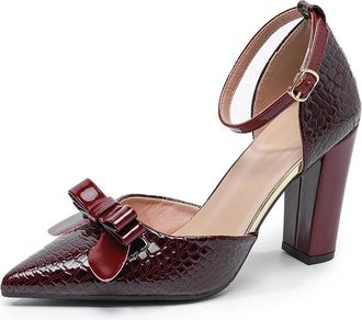 Generic Womens Elegant Bowknot Closed Pointed Toe High Block Heel Pumps Dressy Party Casual Shoes with Buckle Ankle Strap (7.5,Wine Red)