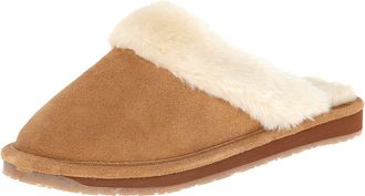 Clarks Womens Open Back Suede Leather Comfort Clog Slipper JMS0583C - Plush Faux Fur Trim - Indoor Outdoor House Slippers For Women, Cinnamon, 6.5 UK