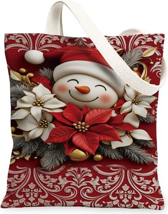 Generic Christmas Snow Man Canvas Tote Bags, Vintage Floral Pattern Reusable Grocery Bags, Holiday Lightweight Washable Shoulder St, Red, 13x15 Inch