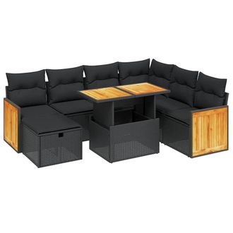 vidaXL Set De Sof&aacute;s De Jard&iacute;n 8 Piezas Y Cojines Rat&aacute;n Sint&eacute;tico Negro Vidaxl