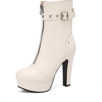 Generic Womens Ankle Boots Faux Leather Front Zip Adjustable Buckle Stud Detail Platform Stiletto Heels Trendy Footwear For Evening Parties Night Out,White,9.