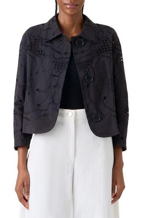 Akris Flower Eyelet Cotton Poplin Crop Jacket in Black at Nordstrom, Size 12