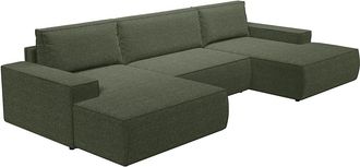 Vente-Unique Gran sof&aacute; cama rinconera panor&aacute;mico de tela verde AMELIA