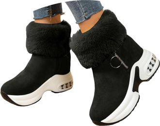 Generic Womens Winter Casual Chunky Heel Ankle Snow Boots - Fur Lined Warm Slip On Flats - Waterproof Comfortable Outdoor Booties(Black,9.5)