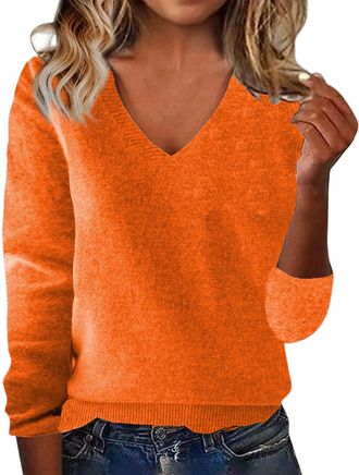 Generic Winter Jumpers for Women UK, Cashmere Jumpers Ladies, Autumn Winter Warm Knitted Sweaters V Neck Long Sleeved Solid Pullover Tops Casual Loose Fit Swe