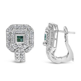 House of Brilliance 14K White Gold 1.0 Cttw Treated Blue and White Diamond Octagonal Shield Omega Back Earrings