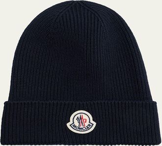 Moncler Mens Ribbed Wool Logo Beanie Hat