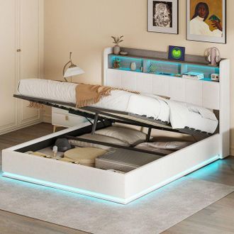 OEM Cama Cofre Adulto 160x200 Cm Terciopelo Beige - Cama Doble Con Somier, Almacenamiento Hidr&aacute;ulico Y Cabecera Led, 350 Kg