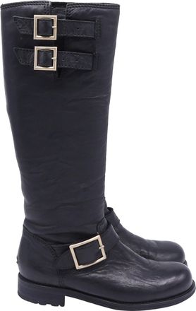 Jimmy Choo London Wrinkled Yule Biker Boots in Black Leather