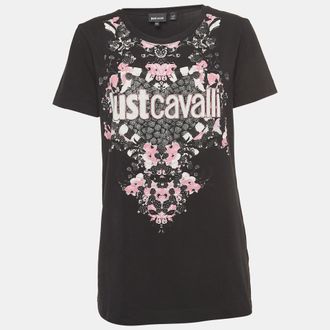 Just Cavalli Black Logo Print Stretch Cotton Fitted T-Shirt