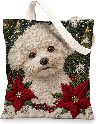 Generic Christmas Bichon Frise Dog Canvas Tote Bag for Shopping 13x15, Knitting Winter Puppy Reusable Grocery Print Pattern Bag for Women Men, Pet New Year Ae