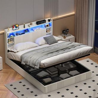 OEM Cama Con Cofre Para 2 Personas - 160x200 Lino Beige - Cofre Hidr&aacute;ulico Xxl - Led Rgb Y Usb - Cabecera Estanter&iacute;a