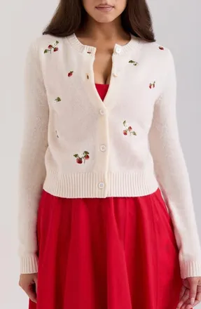 House of CB Evalina Embroidered Wool Cardigan in Cream at Nordstrom, Size X-Large