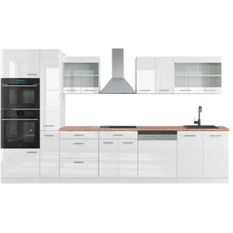Vicco Mueble de cocina R-Line, Blanco alto brillo/blanco, 350 cm con armario alto, et Roble