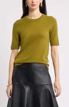 Nordstrom Cashmere Short Sleeve Crewneck Sweater in Olive Woodland at Nordstrom, Size Xx-Large