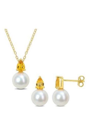 Delmar Citrine & Freshwater Pearl Stud Earrings & Pendant Necklace Set in Yellow at Nordstrom Rack