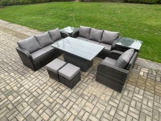 Fimous PE Rattan Outdoor Garden Furniture Sets Height Adjustable Rising lifting Dining Table Sofa Set with Reclining Chair 2 Small Footstools