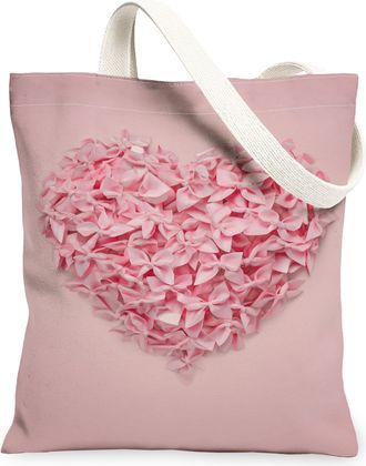 Generic Floral Heart Canvas Tote Bags, Elegant Flower Pattern Reusable Grocery Bags, Spring Vintage Lightweight Washable Shoulder S, Peach, 13x15 Inch