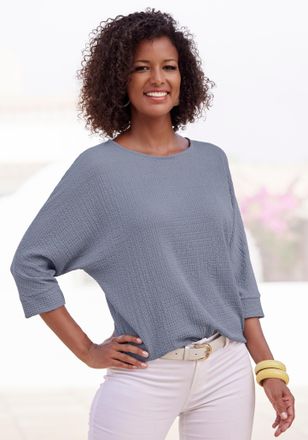 Vivance 3/4-Arm-Shirt VIVANCE aus b&uuml;gelfreier Cr&ecirc;pe-Qualit&auml;t, Damen, Gr. 32/34, blau (rauchblau), Cr&ecirc;pe, Obermaterial: 98% Polyester, 2% Elasthan, unifarben, 