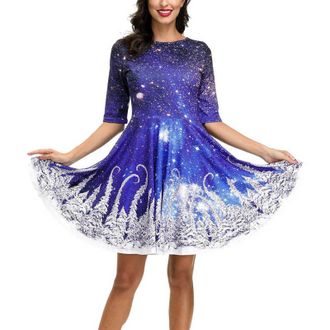 Generic Womens Christmas Midi Dress 3/4 Sleeve A-Line Dress Santa Xmas Reindeer Snowflake Gingerbread Tree Printed Novelty Swing Dress Blue