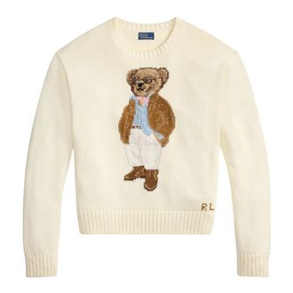 Ralph Lauren Round-neck Knitwear, female, White, Size: M Polo Bear Cotton Crewneck Sweater