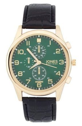 Jones New York Diamond Chronograph Croc Embossed Leather Strap Watch, 42mm in Black at Nordstrom Rack
