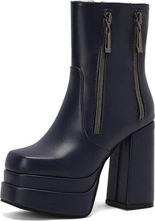 Generic Womens Platform Block Heel Ankle Boots Faux Leather Bold Color Double Zipper Sleek Style Slip On Comfortable Durable For Daily Casual,Blue,4.5 UK